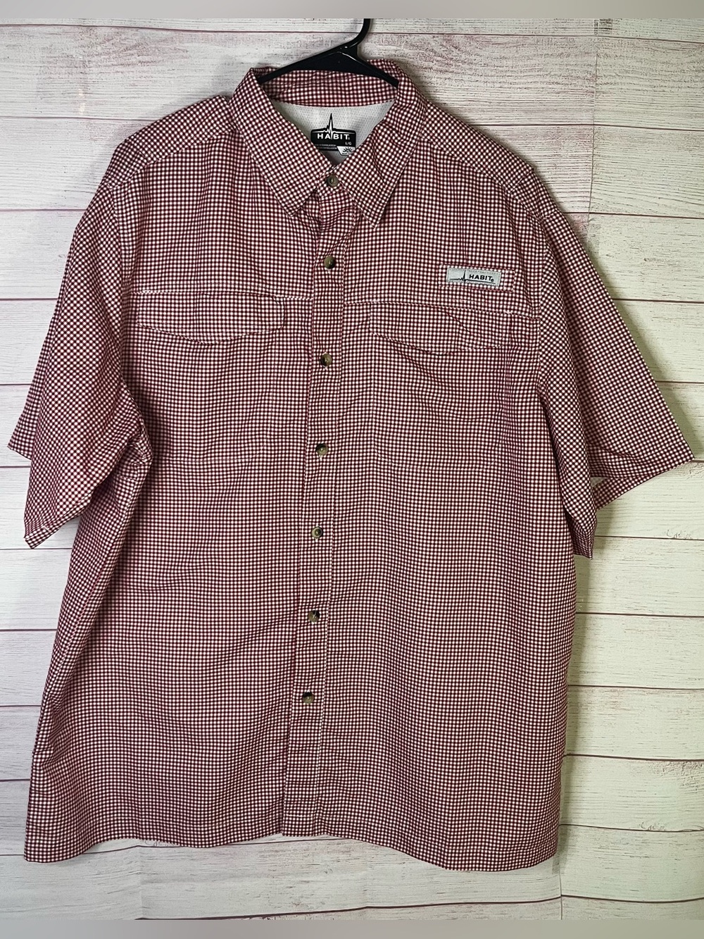 HABIT Red White‎ Checkered Fishing Camping Button Up Short Sleeve Size Large